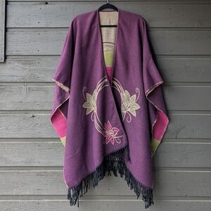 NWOT French Lily Floral Ruana Wrap Shawl Purple Magenta Taupe Sage Green